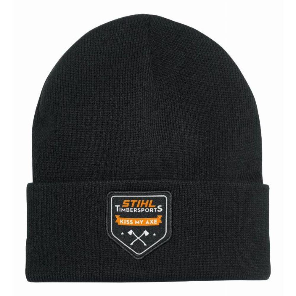 Schwarze Wintermütze mit umgeschlagene Bündchen und STIHL Timbersports Logo
